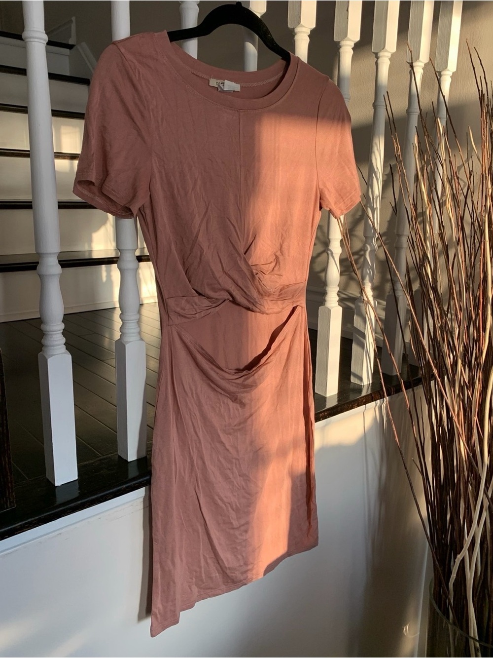 Cozy Casual Short-Sleeve Twist-Waist Mini Dress in Dusty Rose